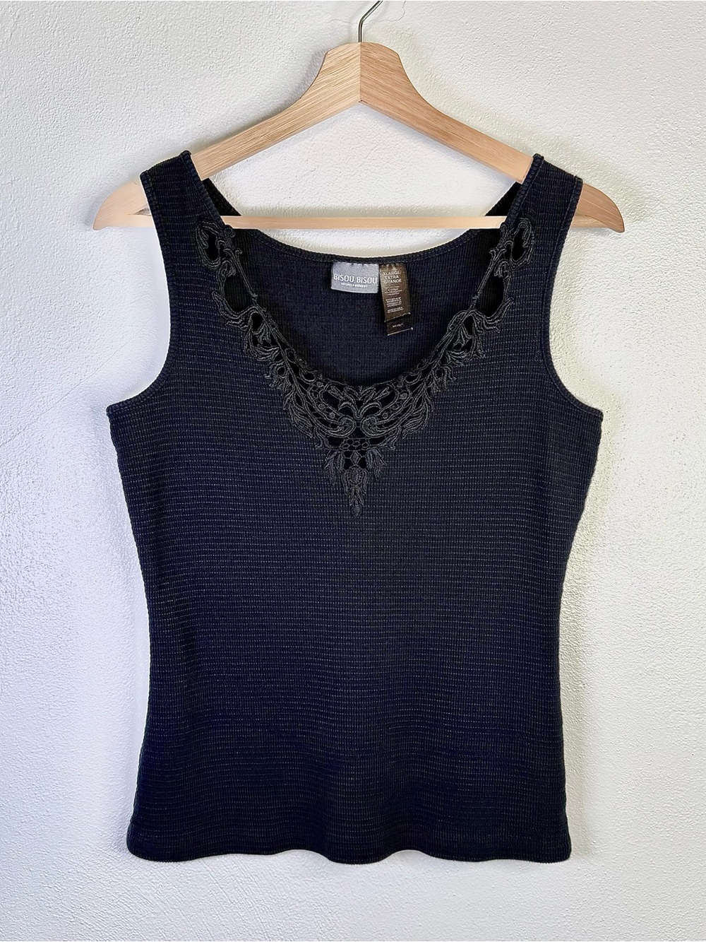 Bisou Bisou Women's Vintage Y2K Black Ribbed Knit Fitted Boho Tank Top Size XL - Picture 2 of 16
